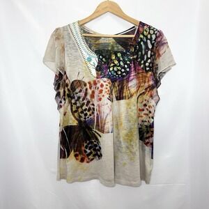 One World Top Womens 1X Butterfly Boho Embellished Y2K Artsy Fairy Flutter Sleev